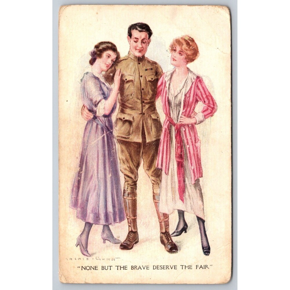 Vintage WWI Postcard Archie Gunn None But The Brave Deserve The Fair Soldier